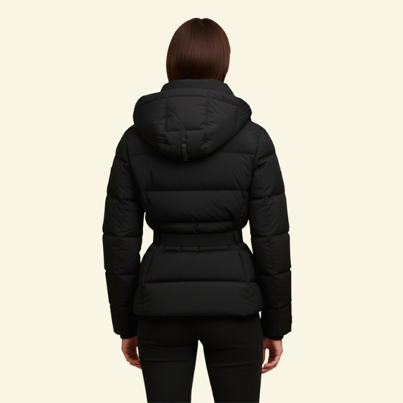 Black puffer coat for women, back view with the hood down — Aveloire