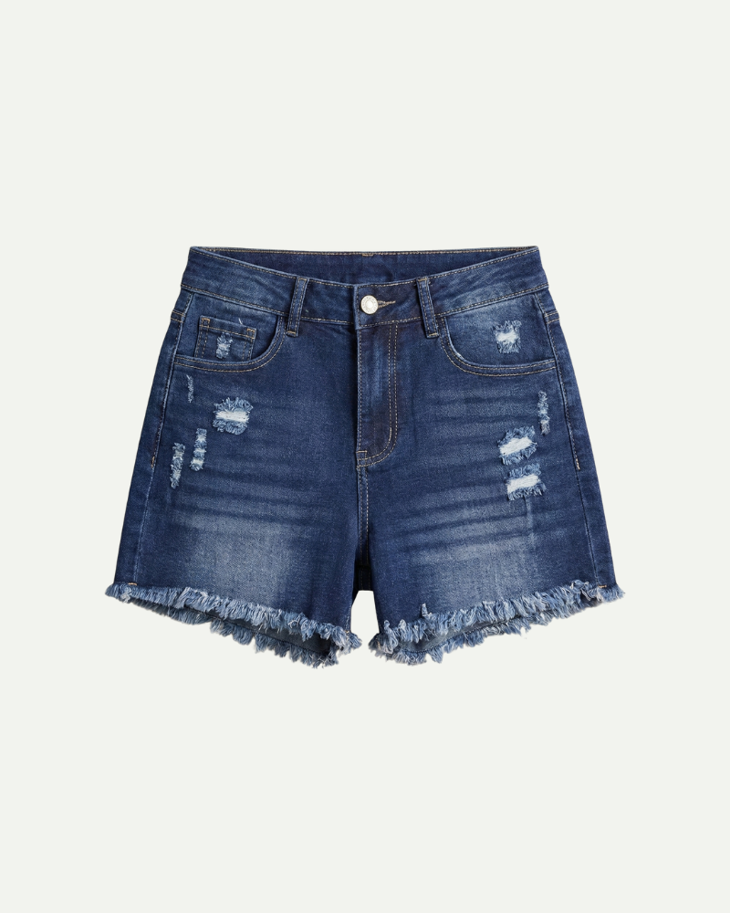 Women’s dark blue high rise denim shorts with frayed hem and distressed details by Aveloire
