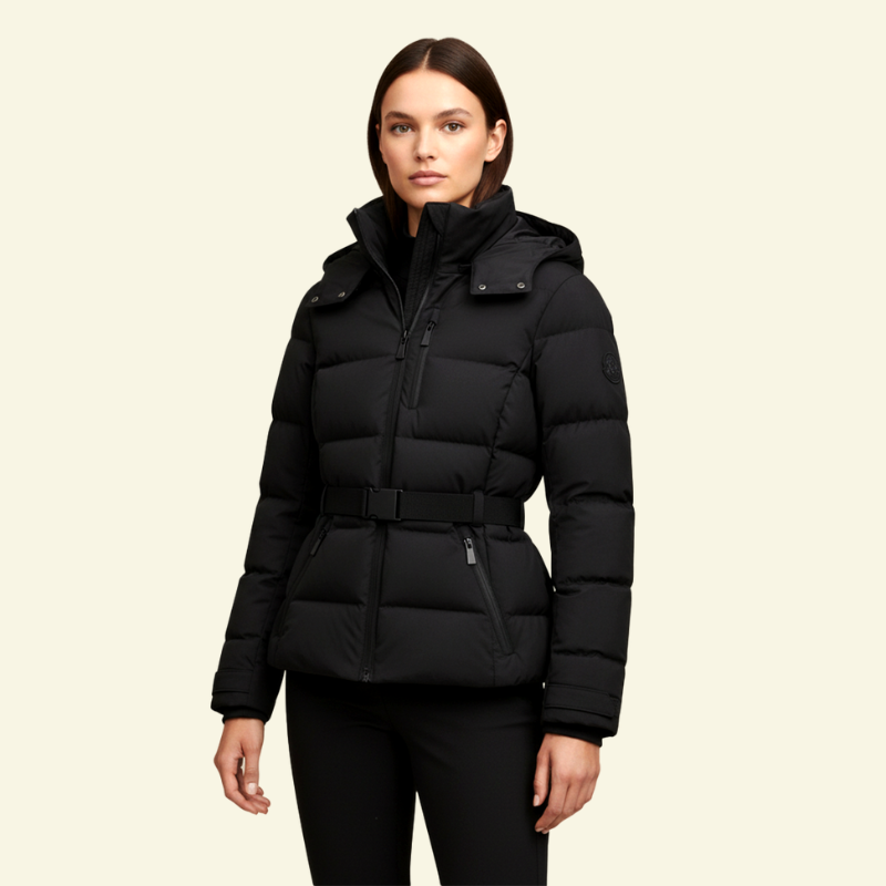 Black puffer coat for women, full length front view on model — Aveloire