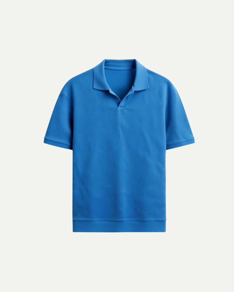 Men’s blue slim fit knit polo shirt with seagull collar
