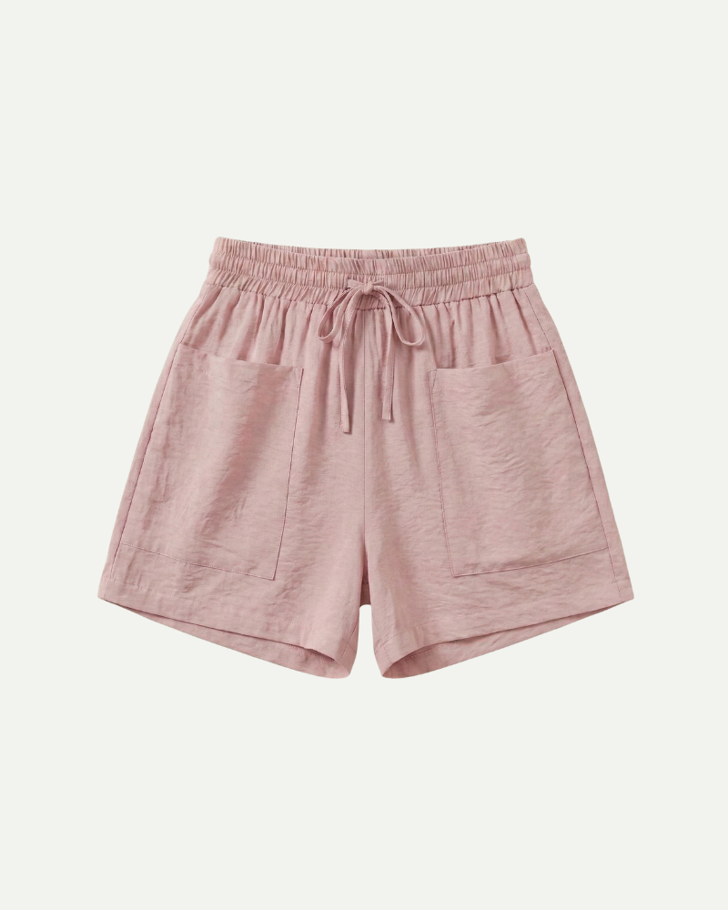 Women’s pink hemp blend drawstring shorts with elastic waistband and relaxed fit