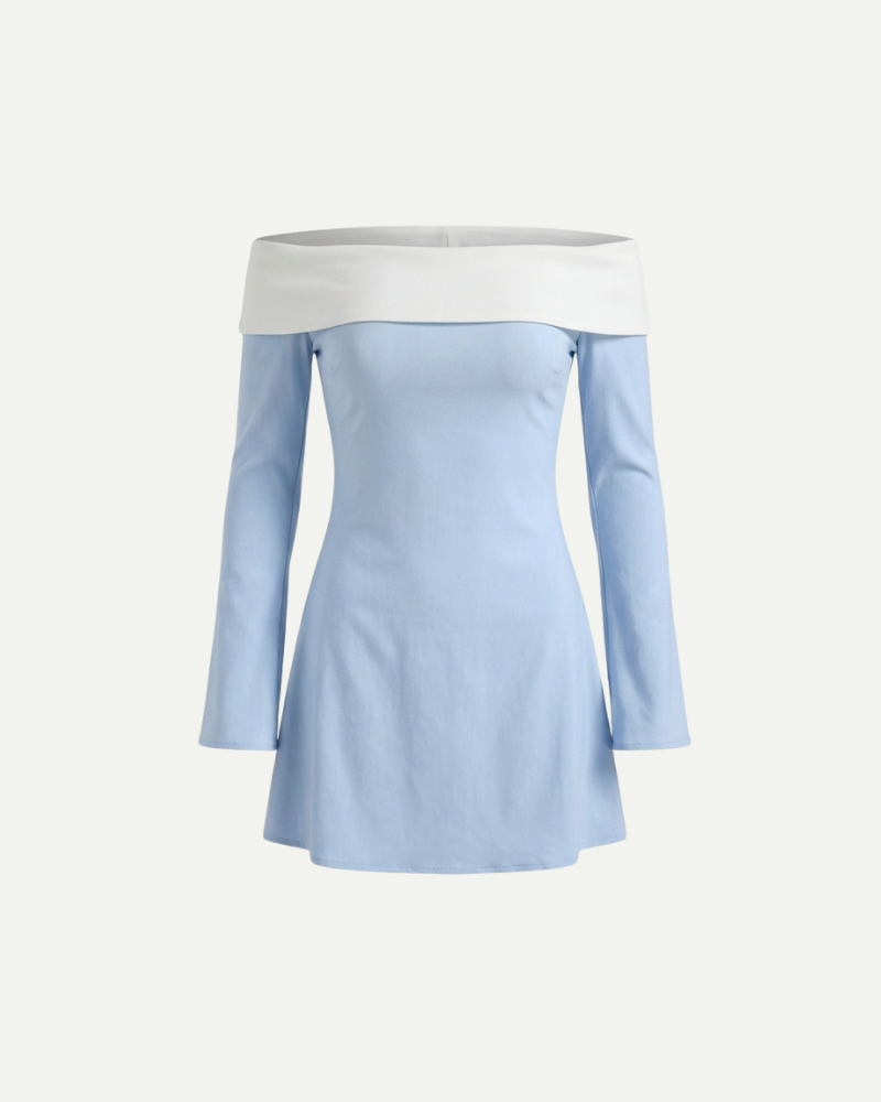 Women’s light blue off-shoulder long sleeve mini dress with contrast neckline