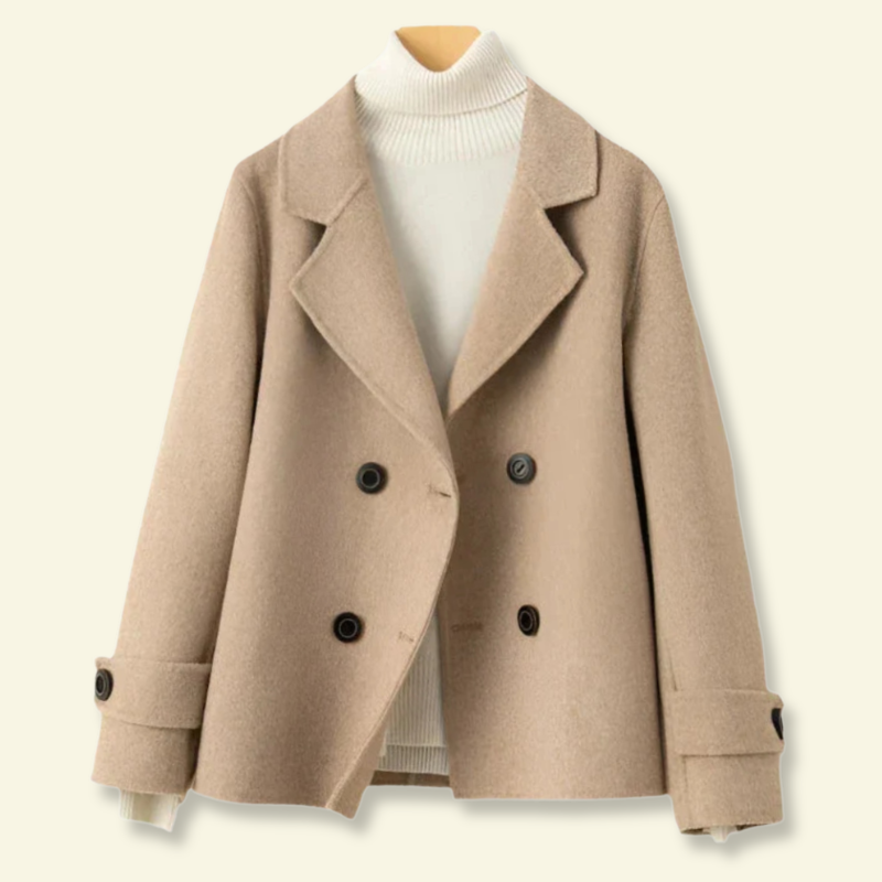 Beige ladies overcoat, short double breasted, front product shot — Aveloire