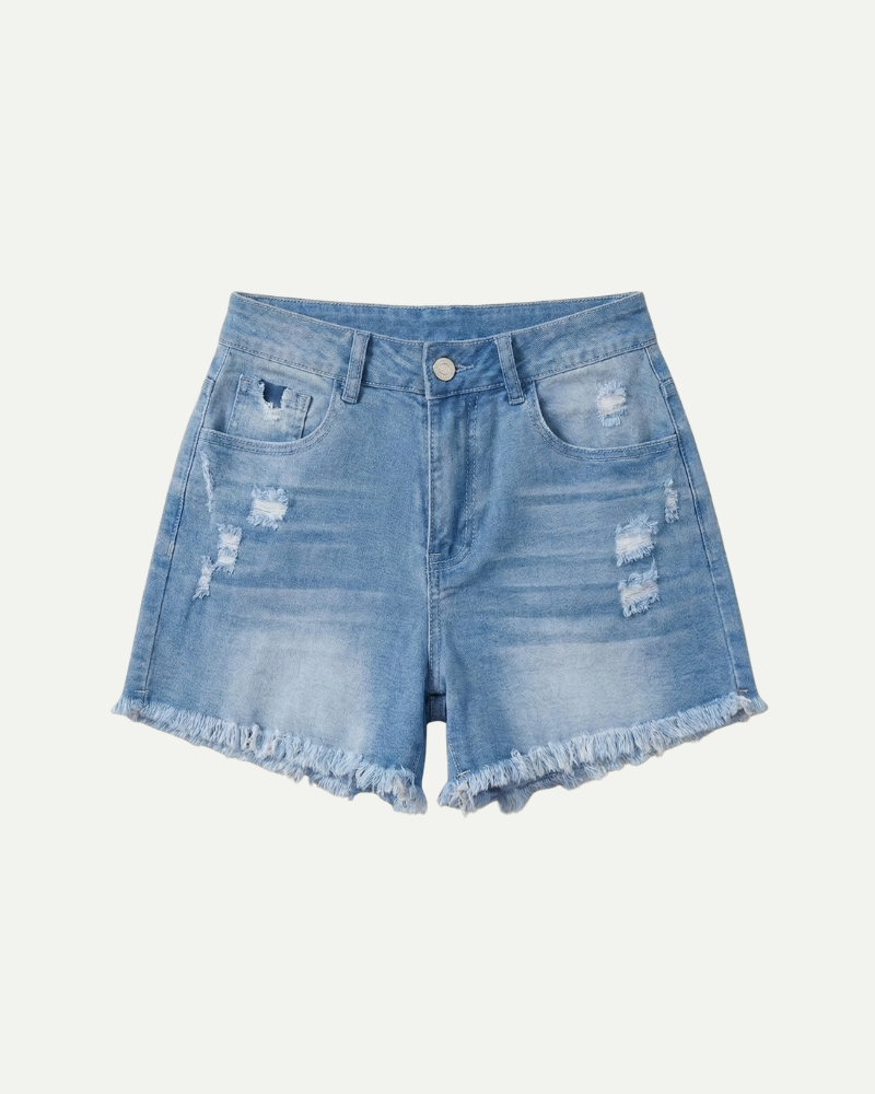 Women’s light blue high rise denim shorts with frayed hem and distressed details