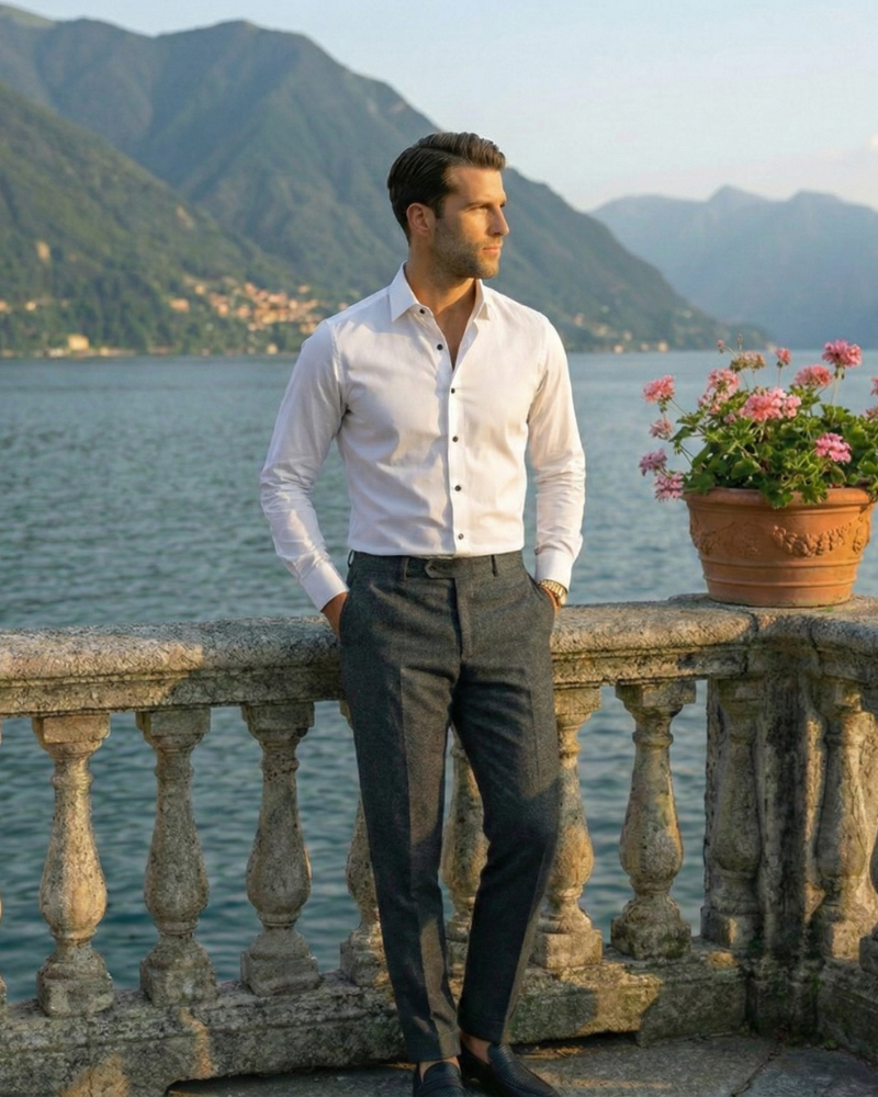 Men’s white slim fit dress shirt styled with tailored trousers
