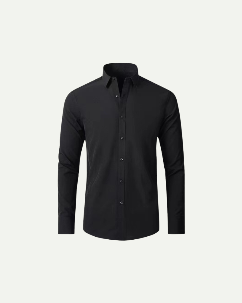 Men’s black slim fit button-up dress shirt with structured collar by Aveloire