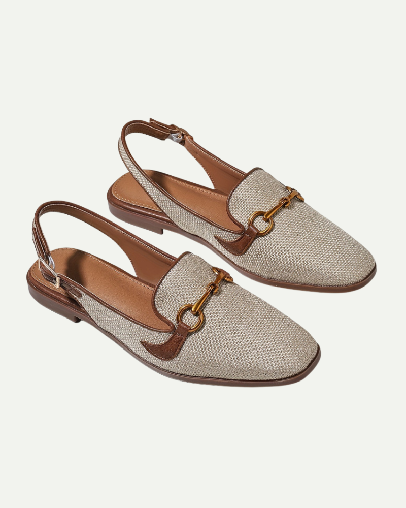 Women’s beige almond toe slingback flats with horsebit detail pair view