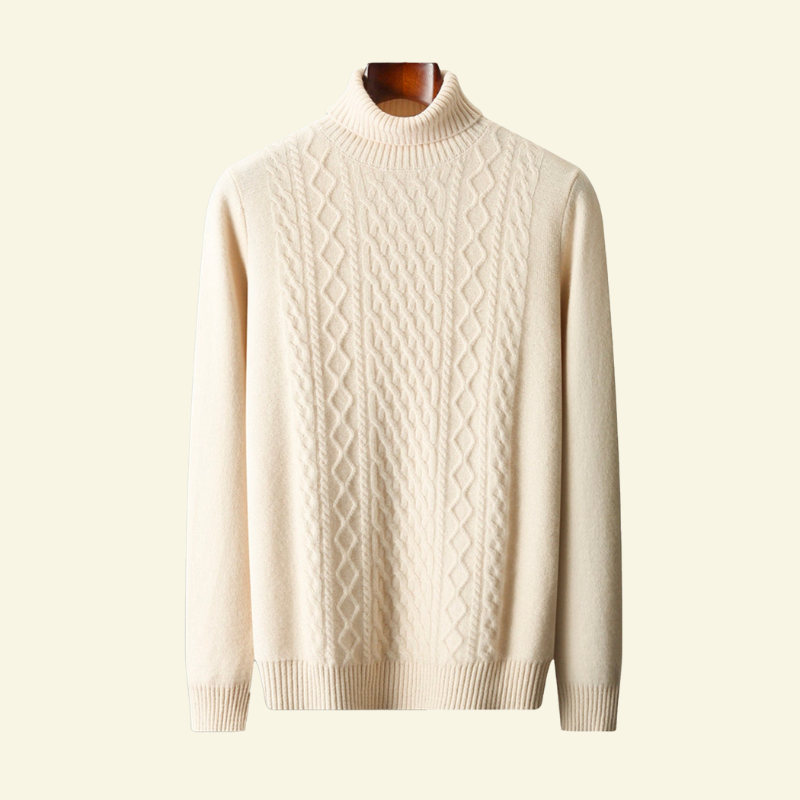 Man wearing a black wool cable knit turtleneck sweater by Lake Como — Aveloire