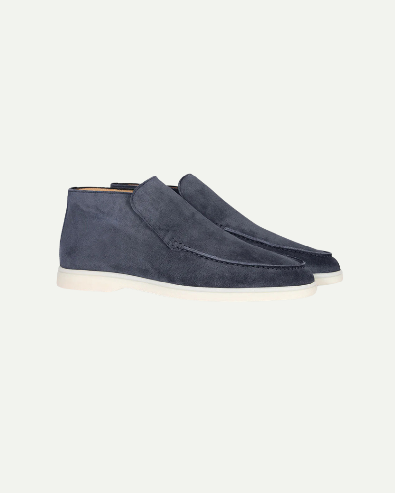 Men’s ink blue suede high-top slip-on loafers with minimalist design