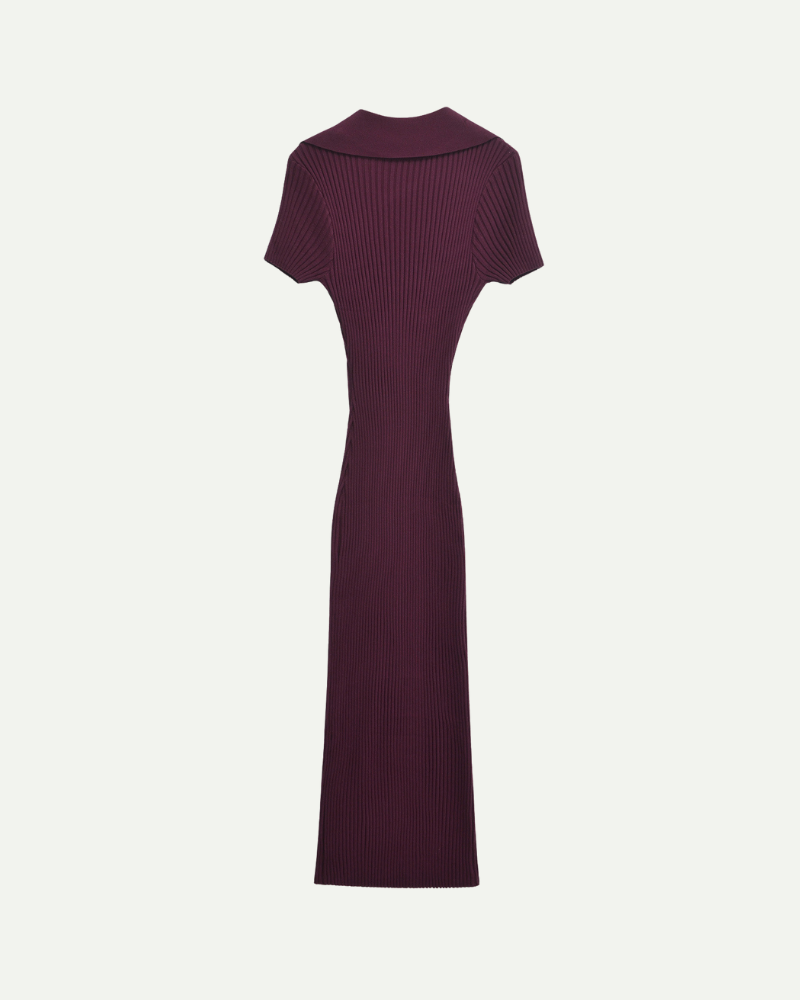 Women’s burgundy ribbed fitted polo midi dress full length product view