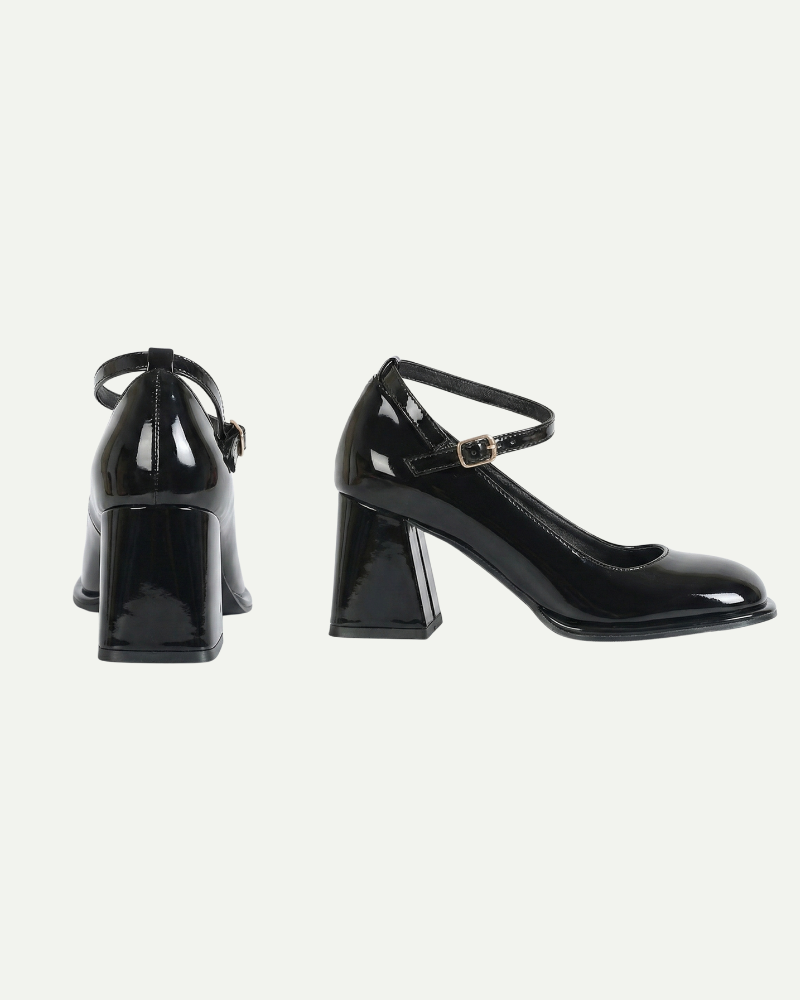 Women’s black leather Mary Jane block heel pumps with ankle strap pair view