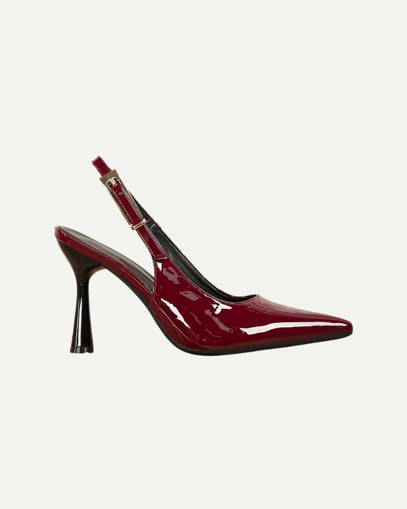 Women’s red patent slingback pumps with pointed toe and kitten heel