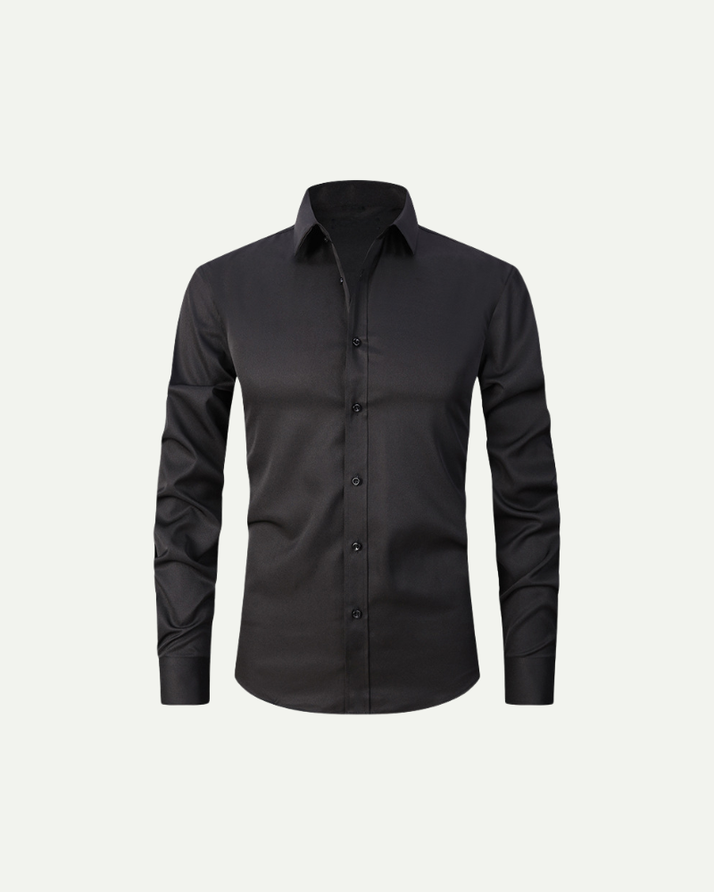 Men’s black slim fit button-up dress shirt with structured collar