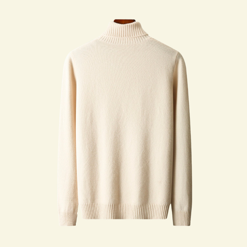 Cream wool turtleneck sweater flat lay, back view product photo — Aveloire