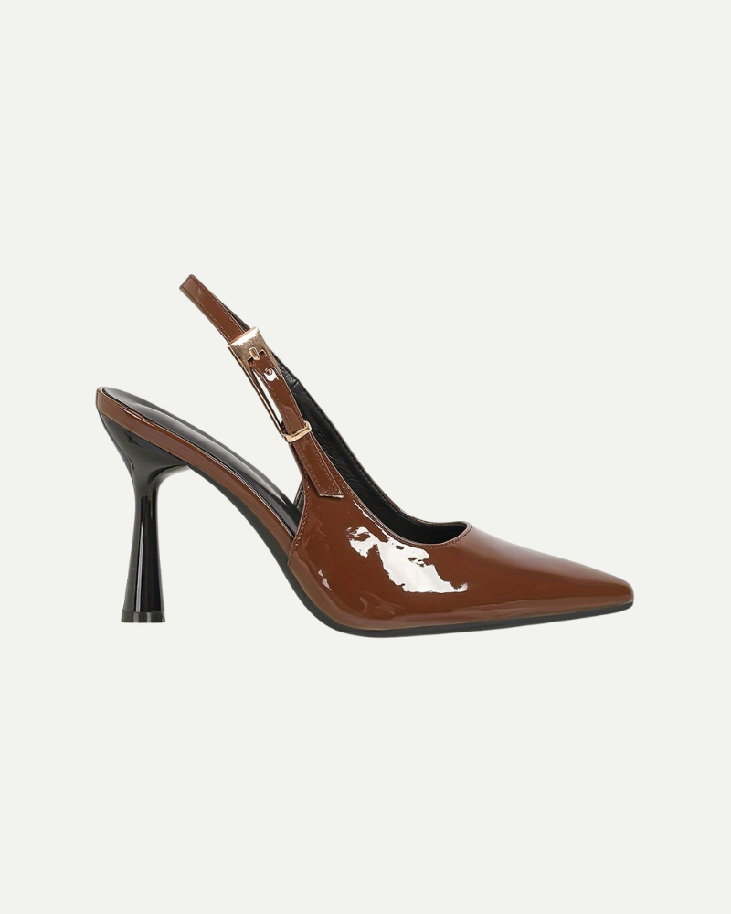 Women’s brown patent slingback pumps with pointed toe and kitten heel