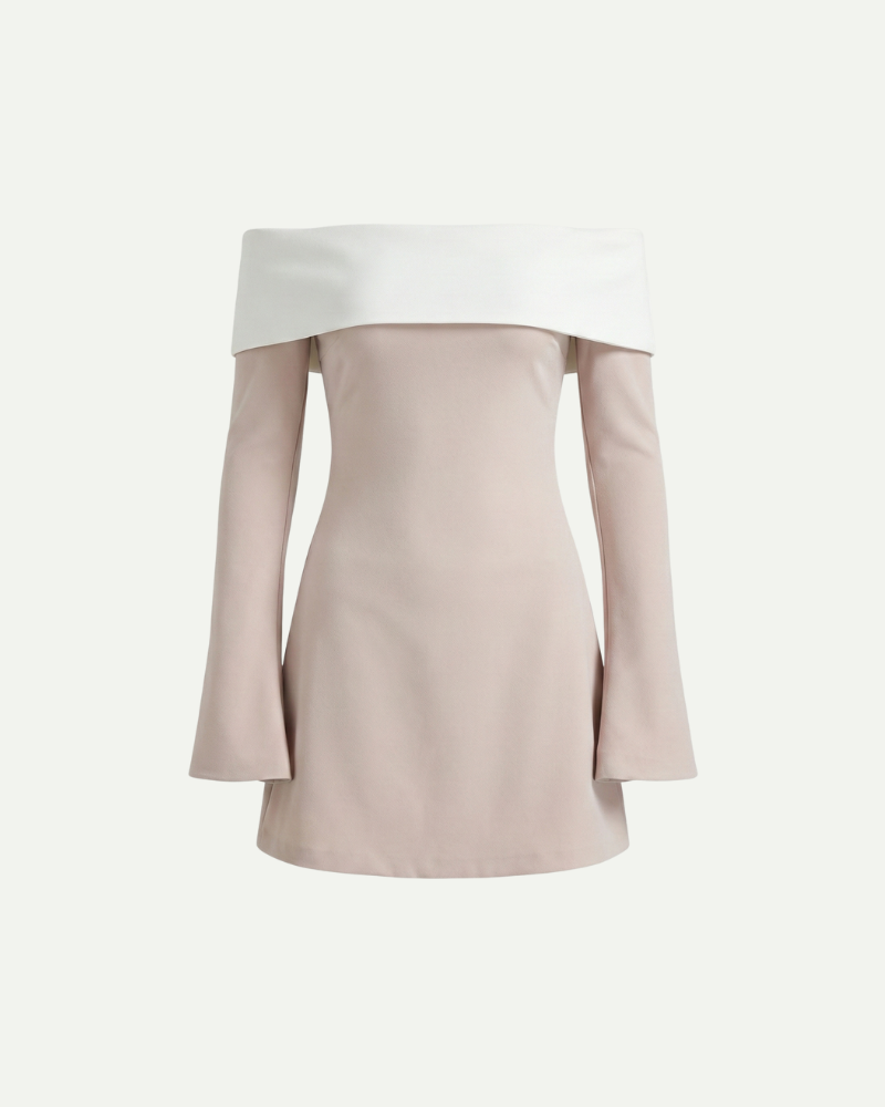 Women’s beige off-shoulder long sleeve mini dress with contrast neckline