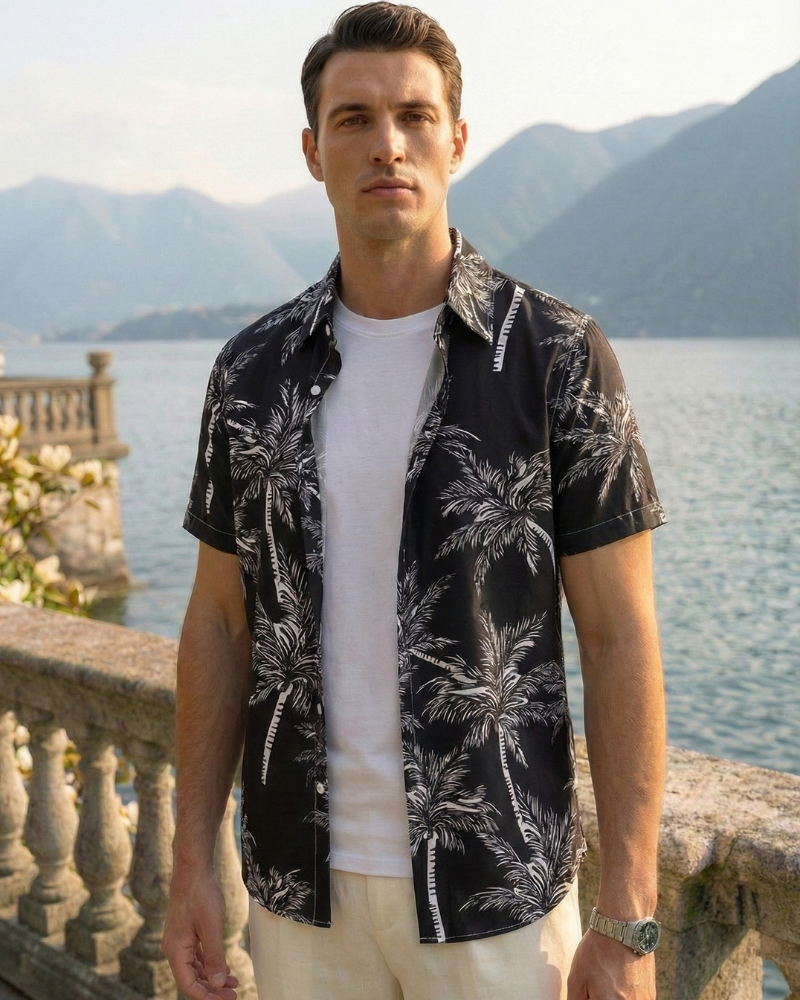 Men’s black palm print Hawaiian shirt with short sleeves styled casually