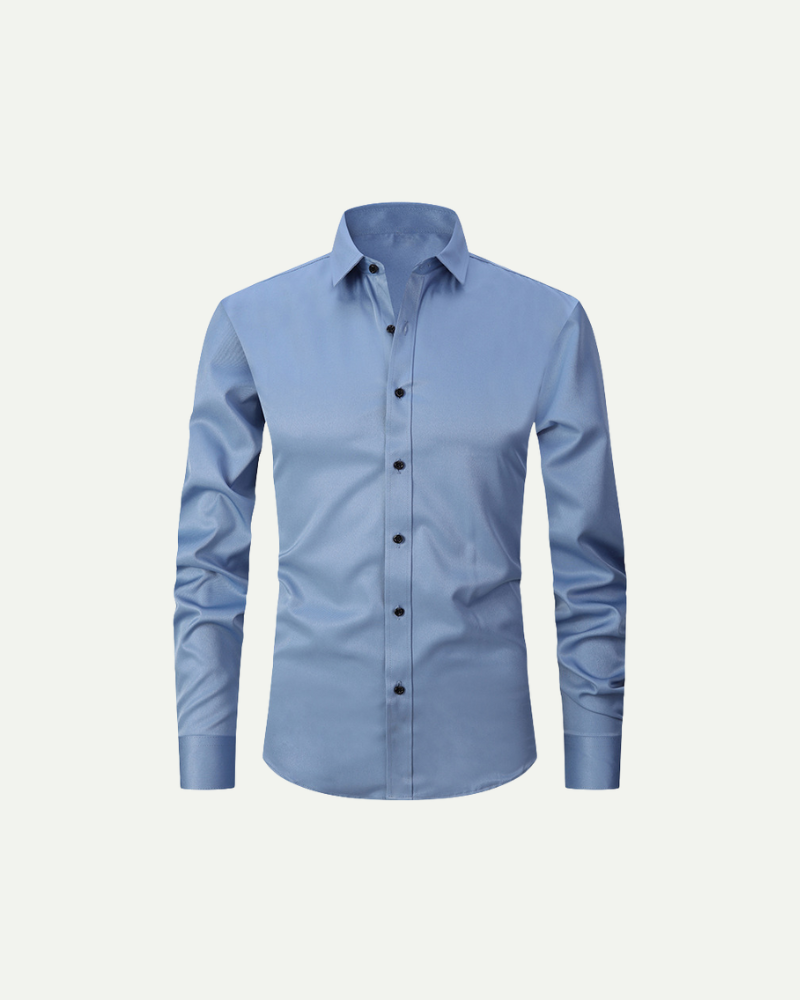Men’s medium blue slim fit button-up dress shirt with structured collar