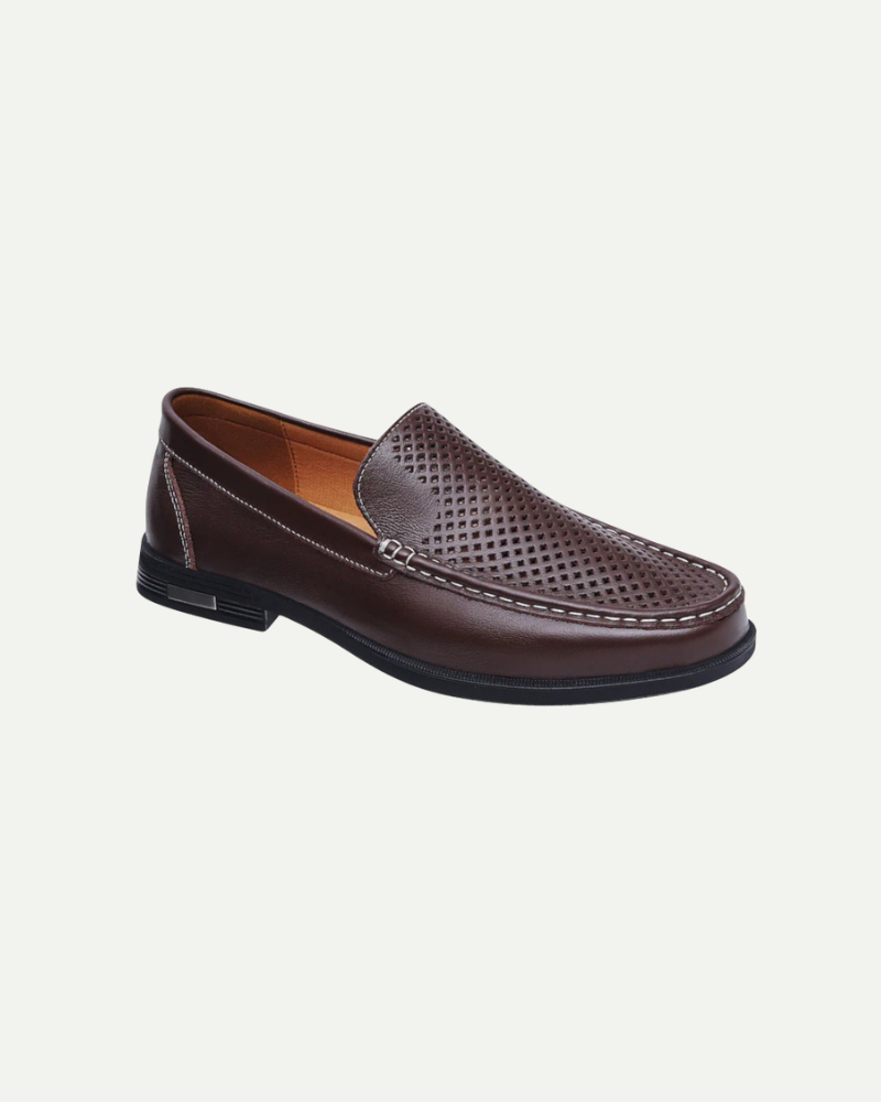Men’s brown leather slip-on loafers with textured upper