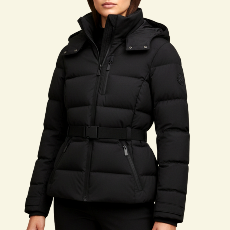 Black puffer coat for women, worn with the hood up, front view — Aveloire