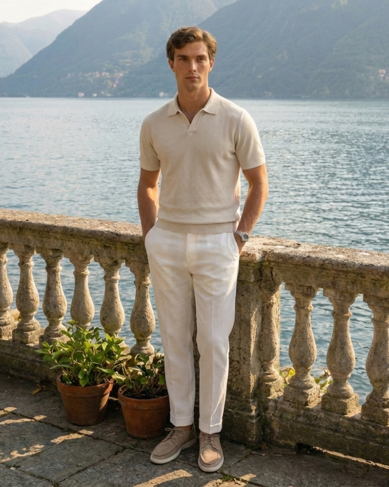 Men’s beige lace-up loafers styled with casual summer outfit
