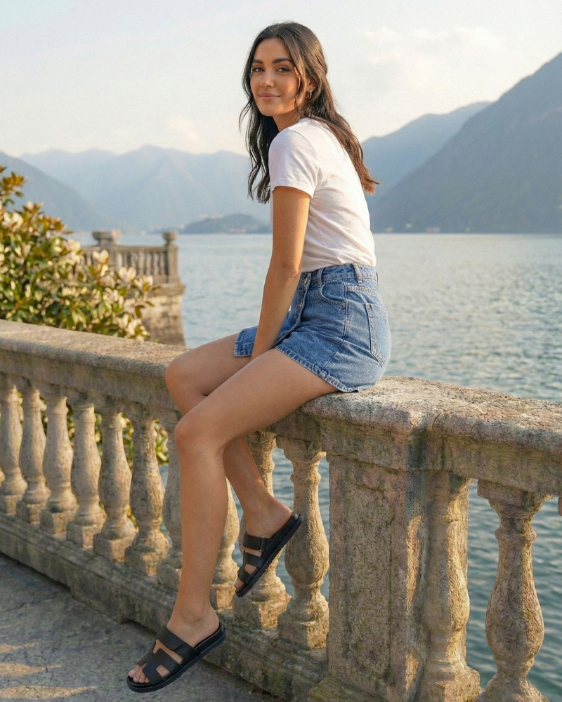 Woman wearing a denim skort a white t-shirt and sandals sitting on a stone railing by a lake with mountains in the background