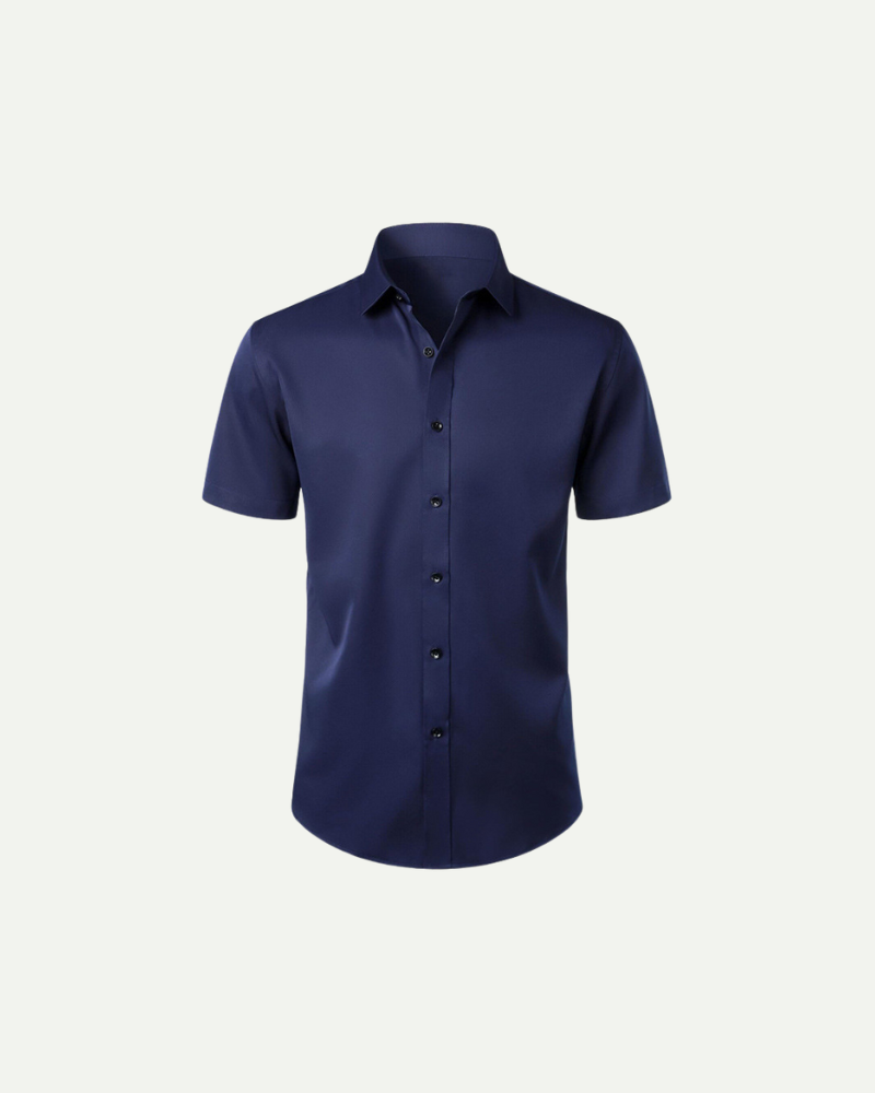 Men’s navy short sleeve button-up dress shirt with slim fit