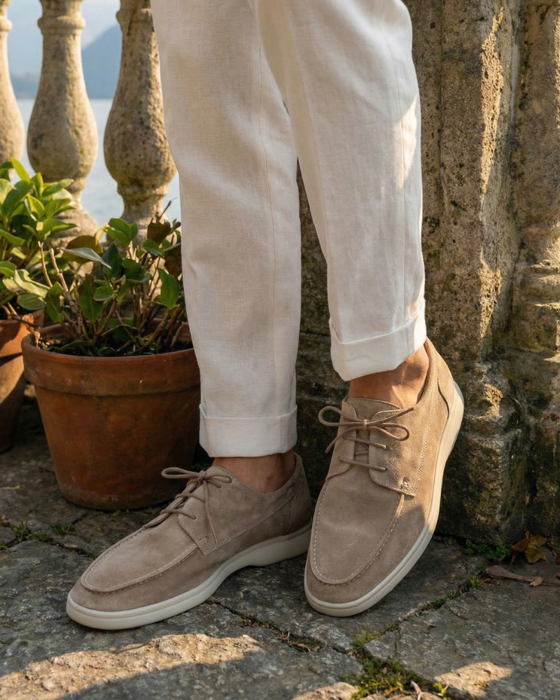 Men’s beige faux leather lace-up loafers styled on feet with tailored trousers