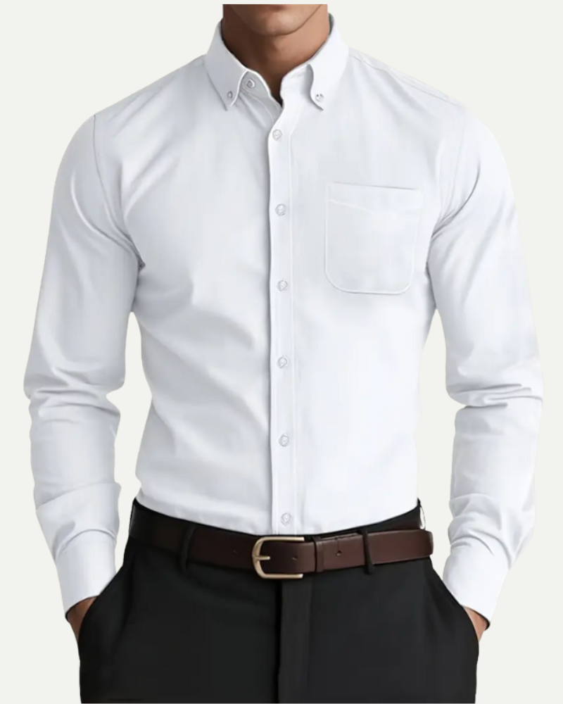 Men’s white linen button down shirt styled with formal trousers