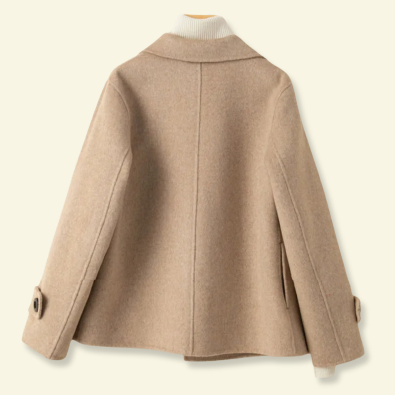 Beige ladies overcoat, short double breasted, side back product shot — Aveloire