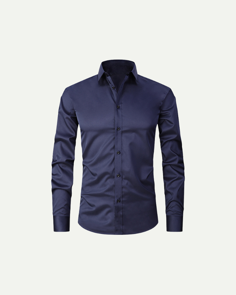 Men’s navy slim fit button-up dress shirt with structured collar