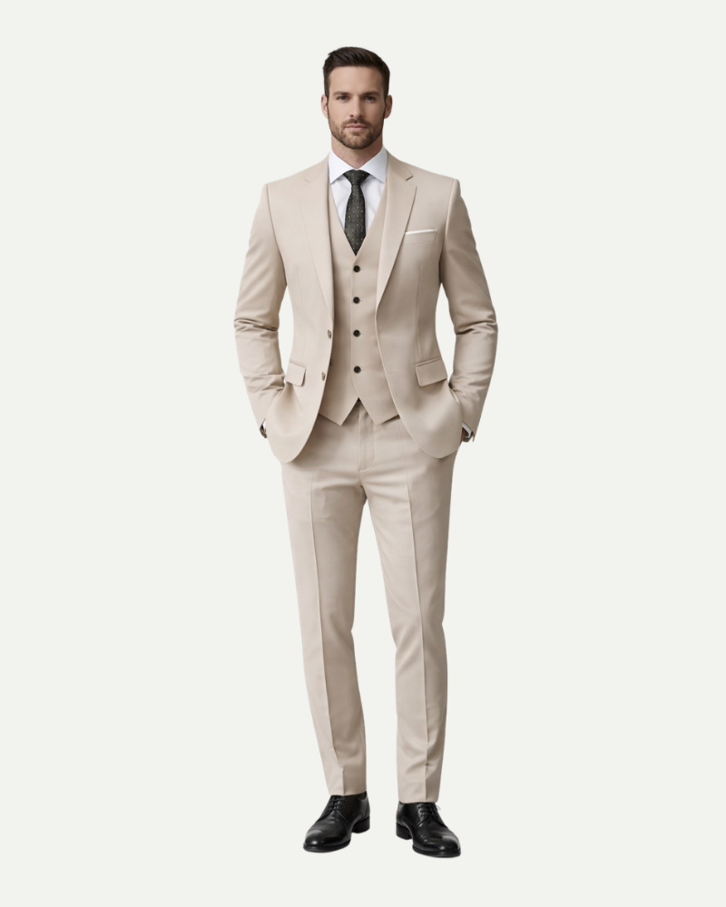 Male model wearing beige three piece tuxedo suit formal tailored fit full body
