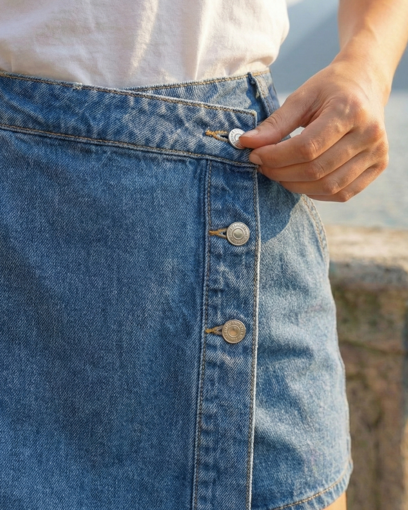 Close-up of a person buttoning a blue denim skirt with a blurred background