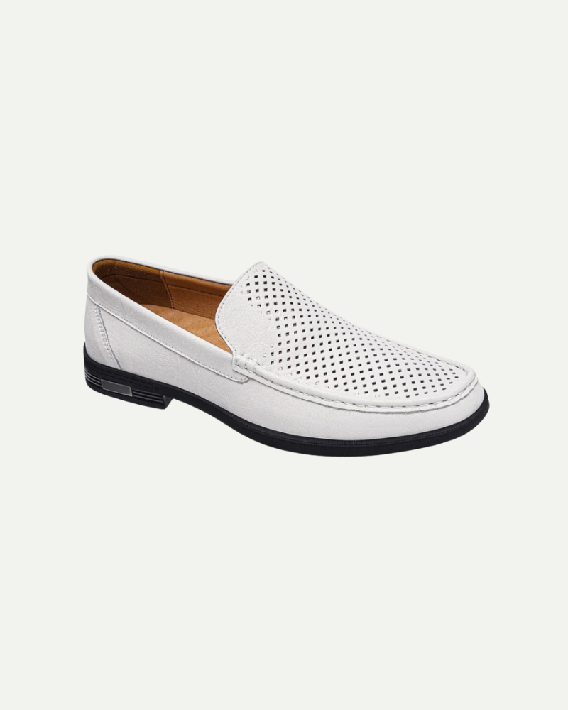 Men’s white leather slip-on loafers with textured upper