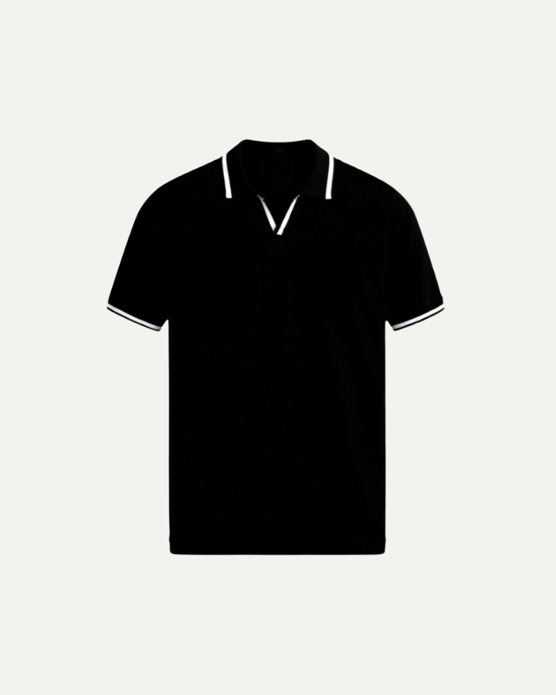 Black men’s knit polo shirt with contrast trim and open collar, short sleeve, front view