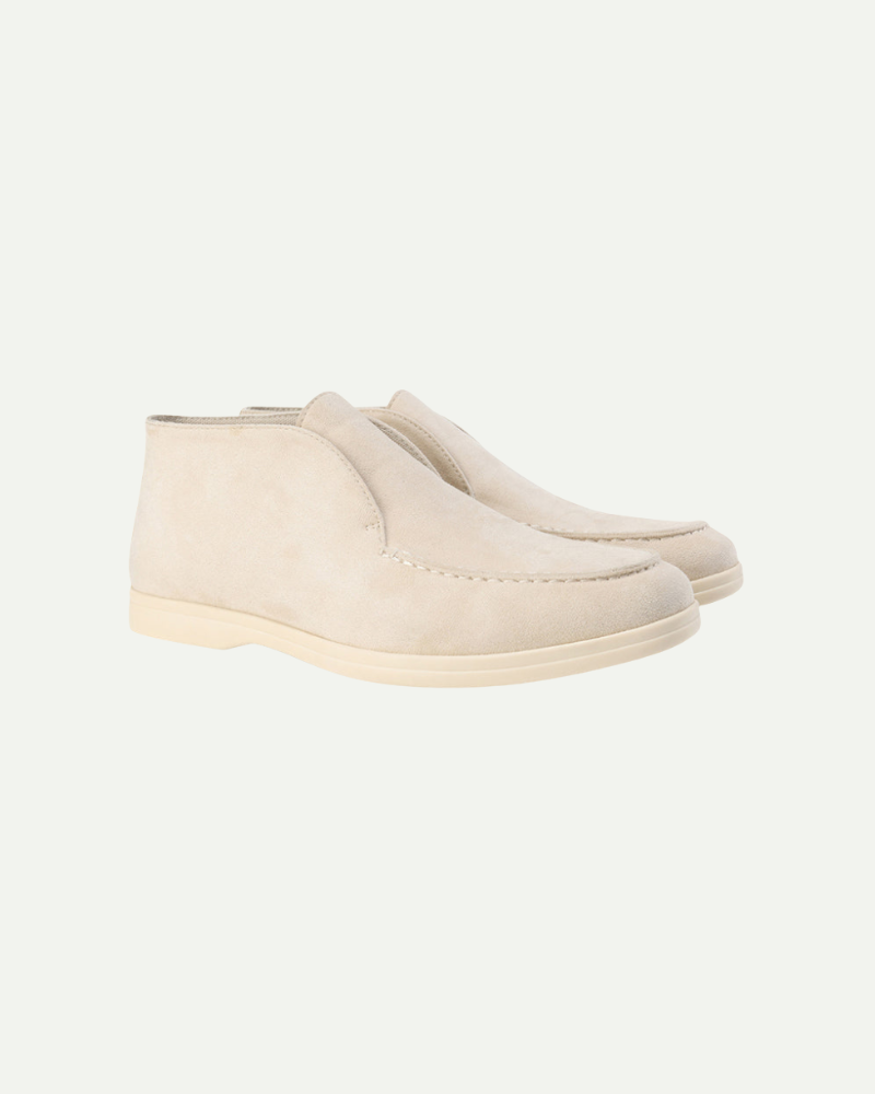 Men’s cream suede high-top slip-on loafers with minimalist design