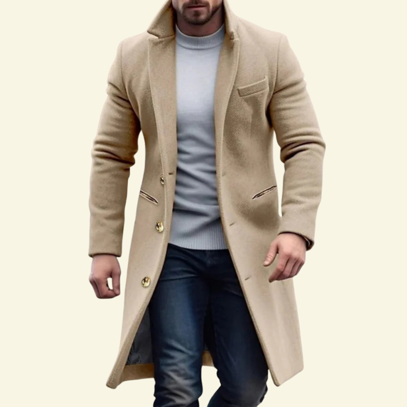 Camel single breasted overcoat for men, worn open over a knit — Aveloire