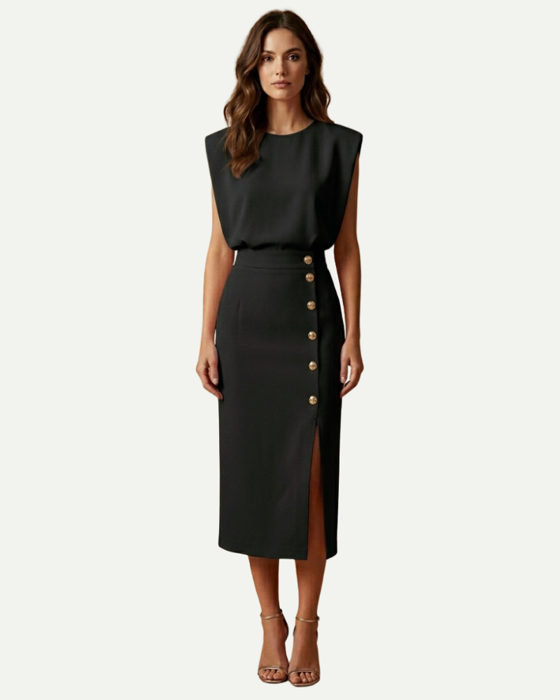 female model wearing black sheath midi dress button detail elegant style Lubomirske
