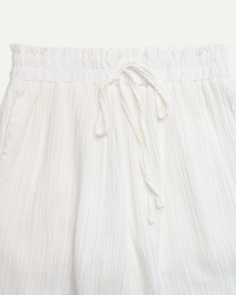 white wide leg trousers high waist drawstring waistband detail

