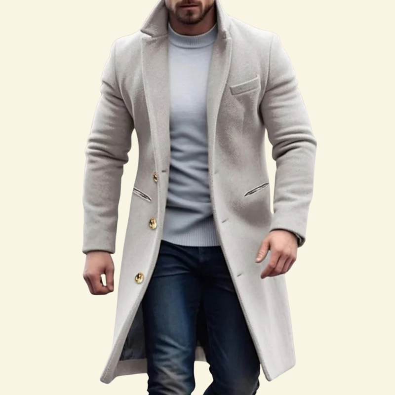 Light gray single breasted overcoat for men, worn open over a knit — Aveloire