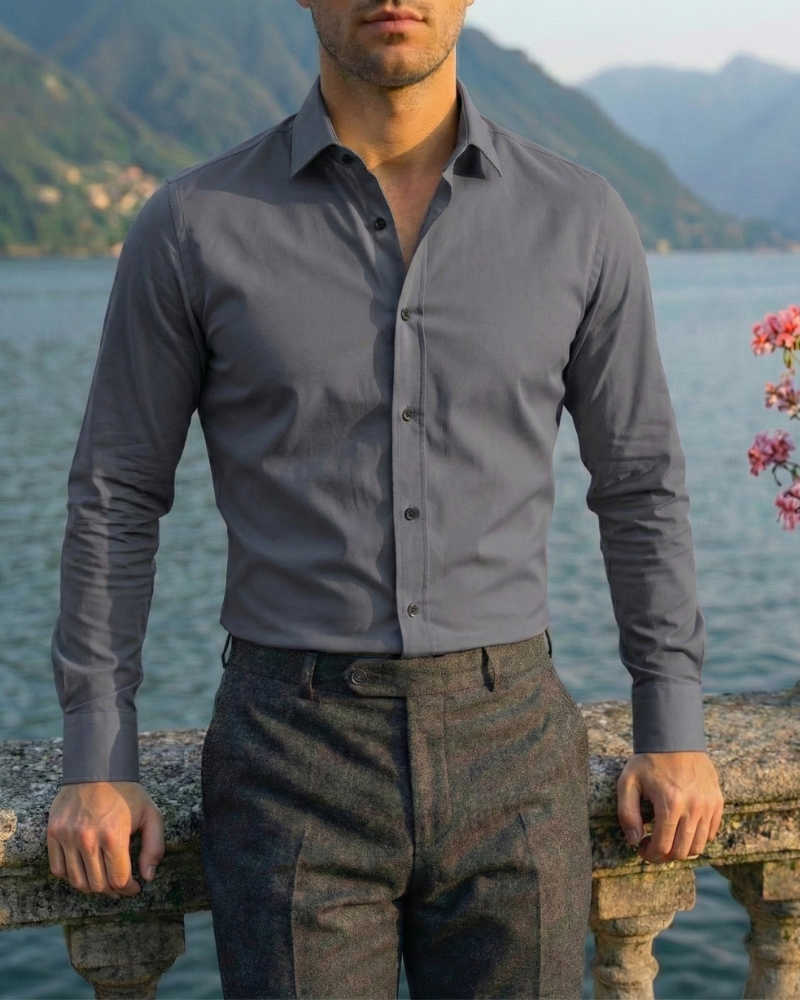 Men’s gray slim fit button-up dress shirt with structured collar