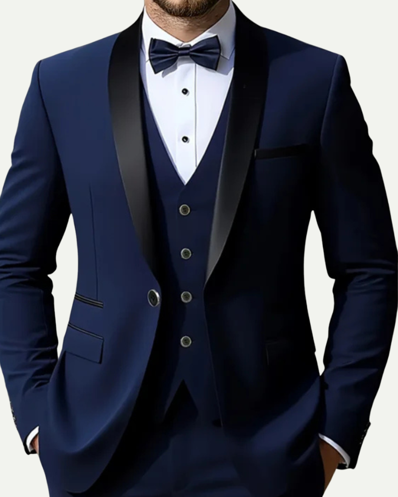 Close up male model wearing navy tuxedo suit satin lapel formal outfit detail
