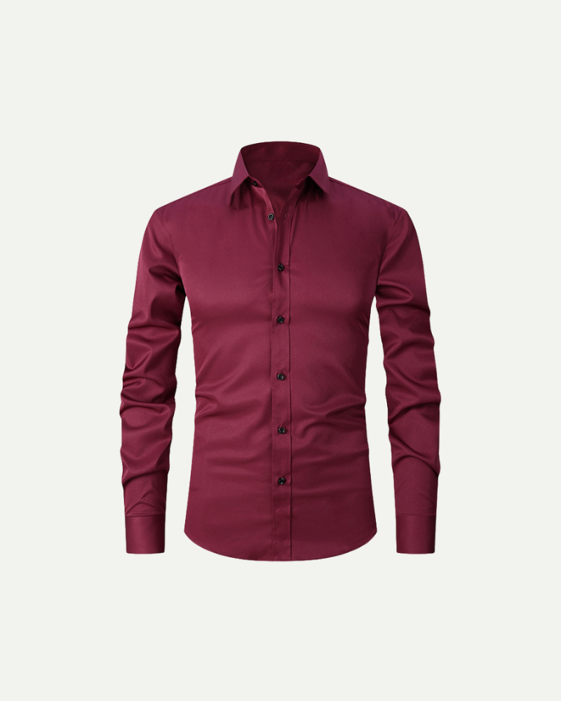 Men’s red slim fit button-up dress shirt with structured collar