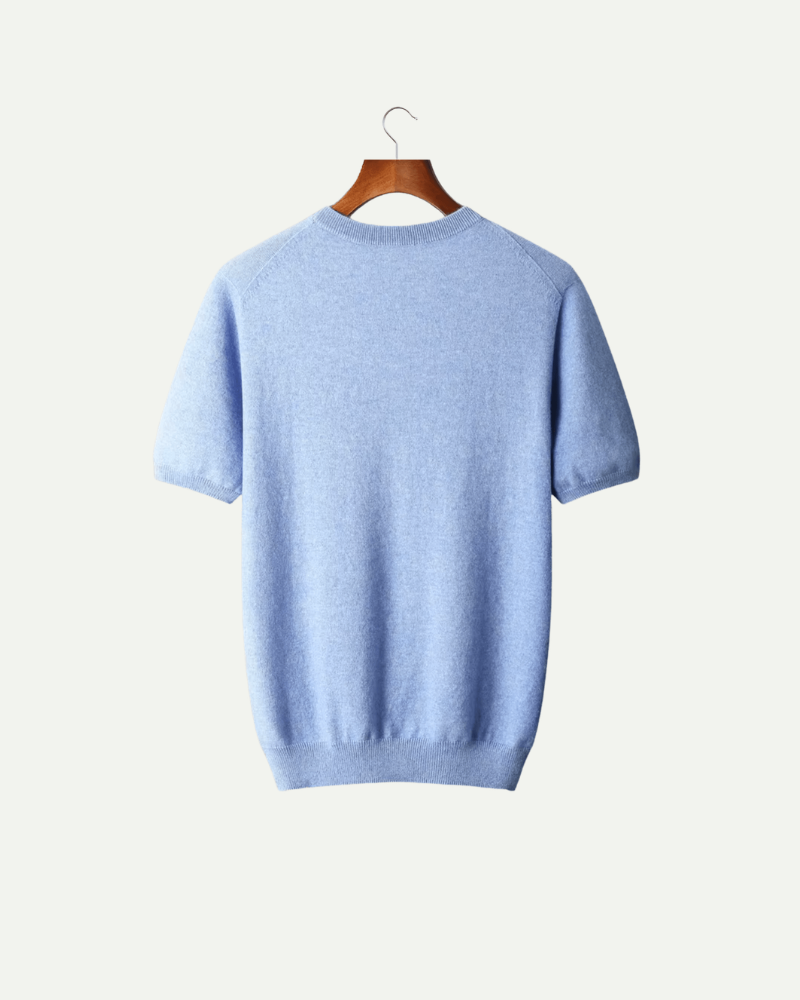 Light blue cashmere wool knit T shirt men back view crew neck luxury knit
