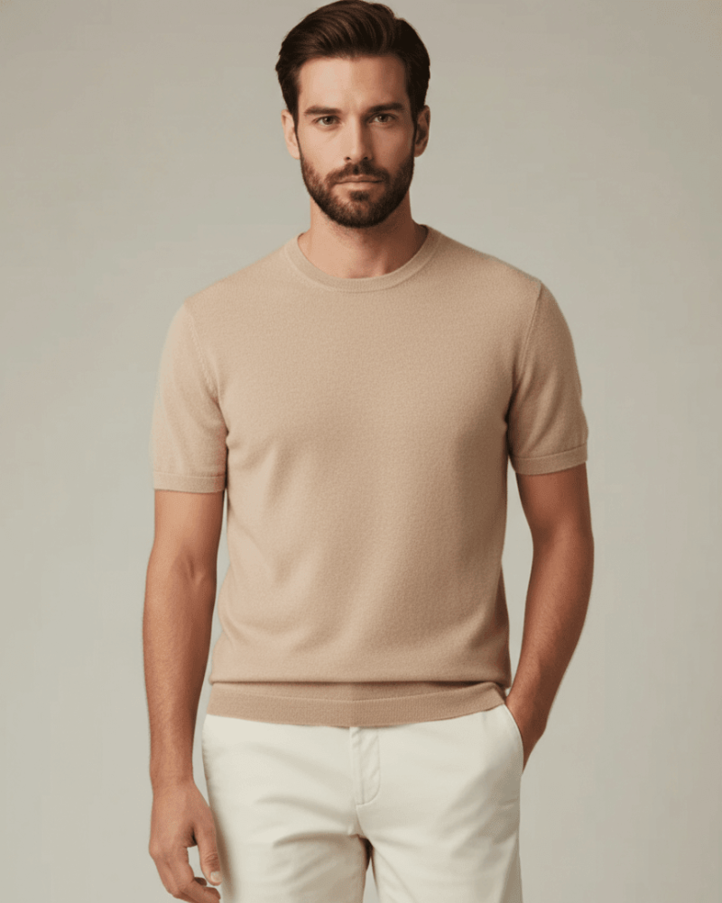 Man in Beige cashmere wool knit T shirt men crew neck short sleeve luxury knit
