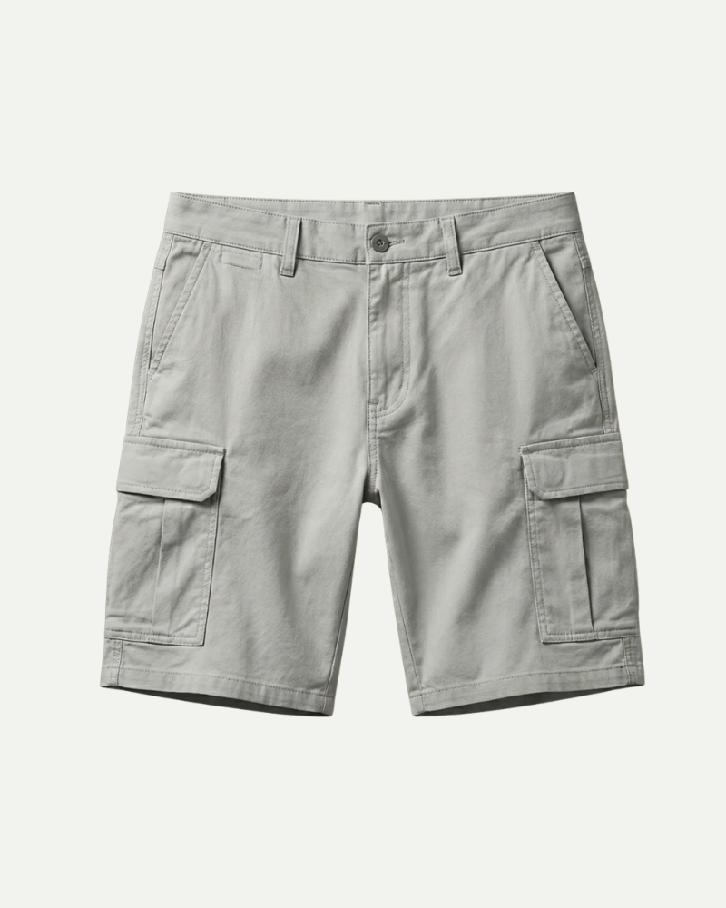 light grey cotton cargo shorts men utility pockets loose fit product shot front Lubomirske
