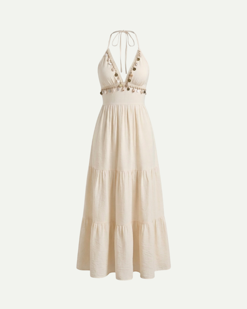 Beige halter maxi dress women A line sleeveless flowing elegant summer dress
