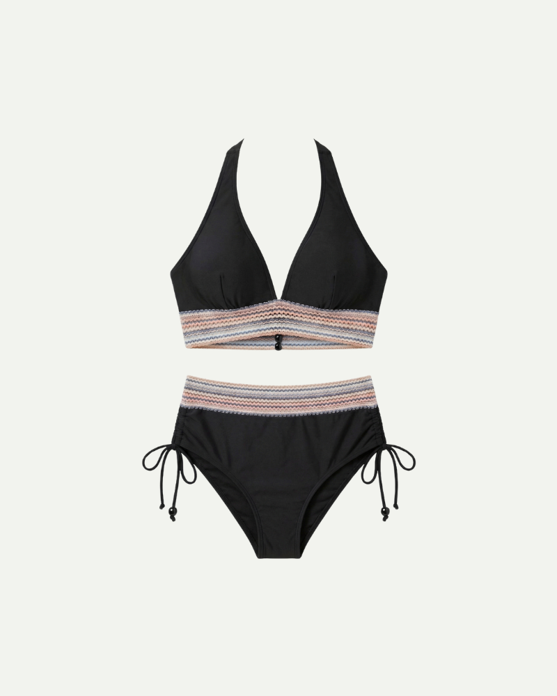 Black high waisted bikini set women adjustable straps summer swimwear
