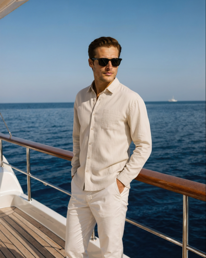 Beige linen shirt men long sleeve button up relaxed fit summer outfit by the sea