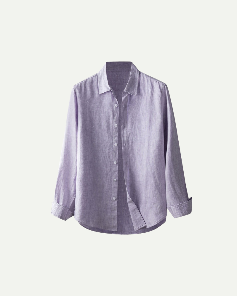 Light purple linen button-up shirt for men, long sleeve, front view product image
